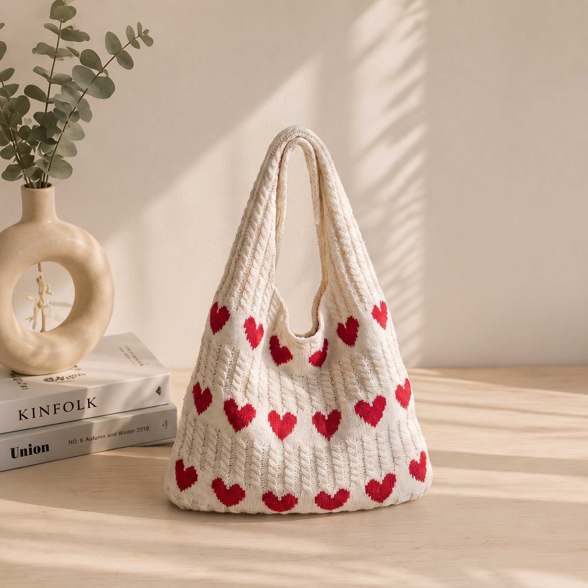 Customized Women's Love Heart Pattern Tote Bag Aesthetic Knitted Shoulder Bag Fashion Womens Crochet Handbags